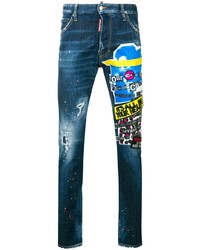 Мужские синие зауженные джинсы с принтом от DSQUARED2