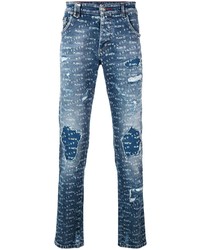 Мужские синие зауженные джинсы с принтом от Philipp Plein