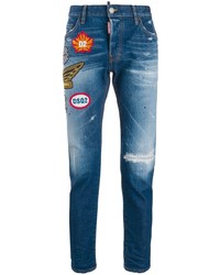 Мужские синие зауженные джинсы с украшением от DSQUARED2