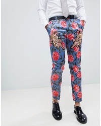 Синие классические брюки с цветочным принтом