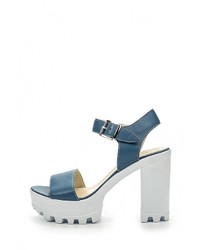 Синие кожаные босоножки на каблуке от Mabu