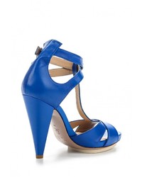 Синие кожаные босоножки на каблуке от Pura Lopez