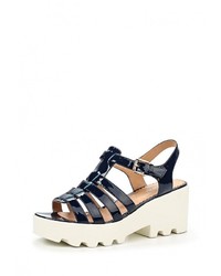 Синие кожаные босоножки на каблуке