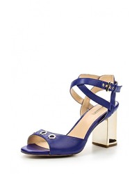 Синие кожаные босоножки на каблуке