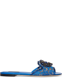 Синие кожаные сандалии на плоской подошве с украшением