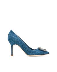 Синие кожаные туфли с украшением от Manolo Blahnik