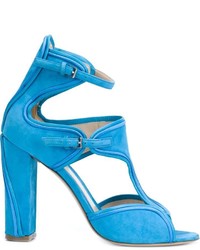 Синие меховые массивные босоножки на каблуке от Monique Lhuillier