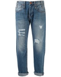 Синие рваные джинсы-бойфренды