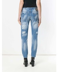 Синие рваные джинсы-бойфренды от Philipp Plein