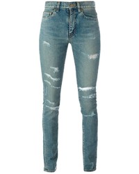 Синие рваные джинсы скинни от Saint Laurent