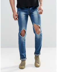 Мужские синие рваные джинсы