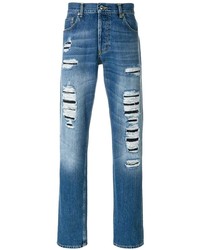 Мужские синие рваные зауженные джинсы от Alexander McQueen