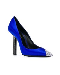 Синие сатиновые туфли с украшением от Saint Laurent