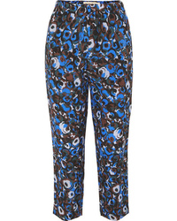 Синие шелковые узкие брюки с цветочным принтом