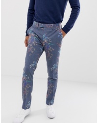 Синие шерстяные классические брюки с цветочным принтом