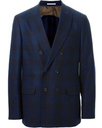 Мужской синий двубортный пиджак в шотландскую клетку от Brunello Cucinelli