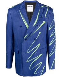 Синий двубортный пиджак с принтом