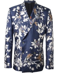 Синий двубортный пиджак с цветочным принтом