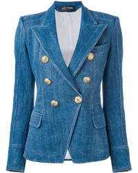 Женский синий джинсовый двубортный пиджак от Balmain