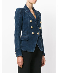 Женский синий джинсовый двубортный пиджак от Balmain