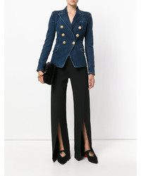 Женский синий джинсовый двубортный пиджак от Balmain