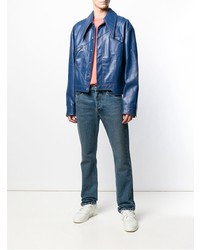 Мужской синий кожаный бомбер от Pihakapi