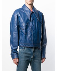 Мужской синий кожаный бомбер от Pihakapi