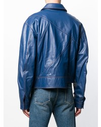 Мужской синий кожаный бомбер от Pihakapi