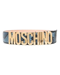 Мужской синий кожаный ремень с принтом от Moschino