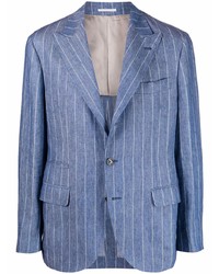 Синий льняной пиджак в вертикальную полоску