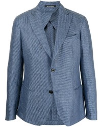 Синий льняной пиджак с вышивкой