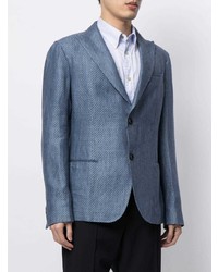 Мужской синий льняной пиджак с вышивкой от Emporio Armani