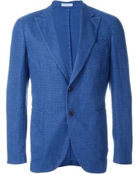 Синий льняной пиджак с узором "гусиные лапки"