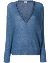 Женский синий свитер с v-образным вырезом от Brunello Cucinelli