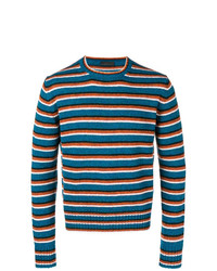 Мужской синий свитер с круглым вырезом в горизонтальную полоску от Prada