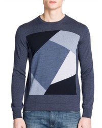 Синий свитер с круглым вырезом с геометрическим рисунком