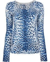 Синий свитер с круглым вырезом с леопардовым принтом