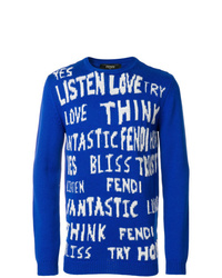 Мужской синий свитер с круглым вырезом с принтом от Fendi