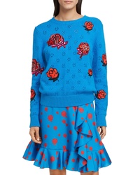 Синий свитер с круглым вырезом с цветочным принтом