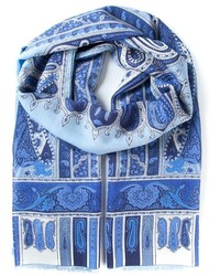 Женский синий шелковый шарф с "огурцами" от Etro
