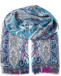 Женский синий шелковый шарф с "огурцами" от Etro