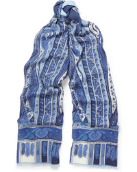Синий шелковый шарф с принтом