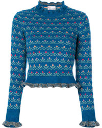 Женский синий шерстяной свитер с цветочным принтом от RED Valentino