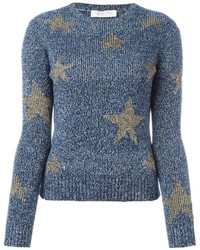 Женский синий шерстяной свитер со звездами от Valentino