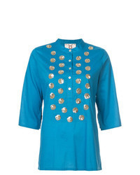 Синяя блуза с коротким рукавом с украшением
