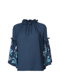 Синяя блузка с длинным рукавом с вышивкой от Josie Natori