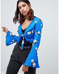Синяя блузка с длинным рукавом с цветочным принтом от ASOS DESIGN