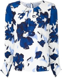 Синяя блузка с длинным рукавом с цветочным принтом от Oscar de la Renta