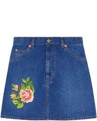 Синяя джинсовая мини-юбка с вышивкой от Gucci