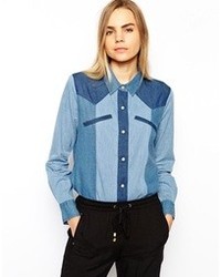 Женская синяя джинсовая рубашка в стиле пэчворк